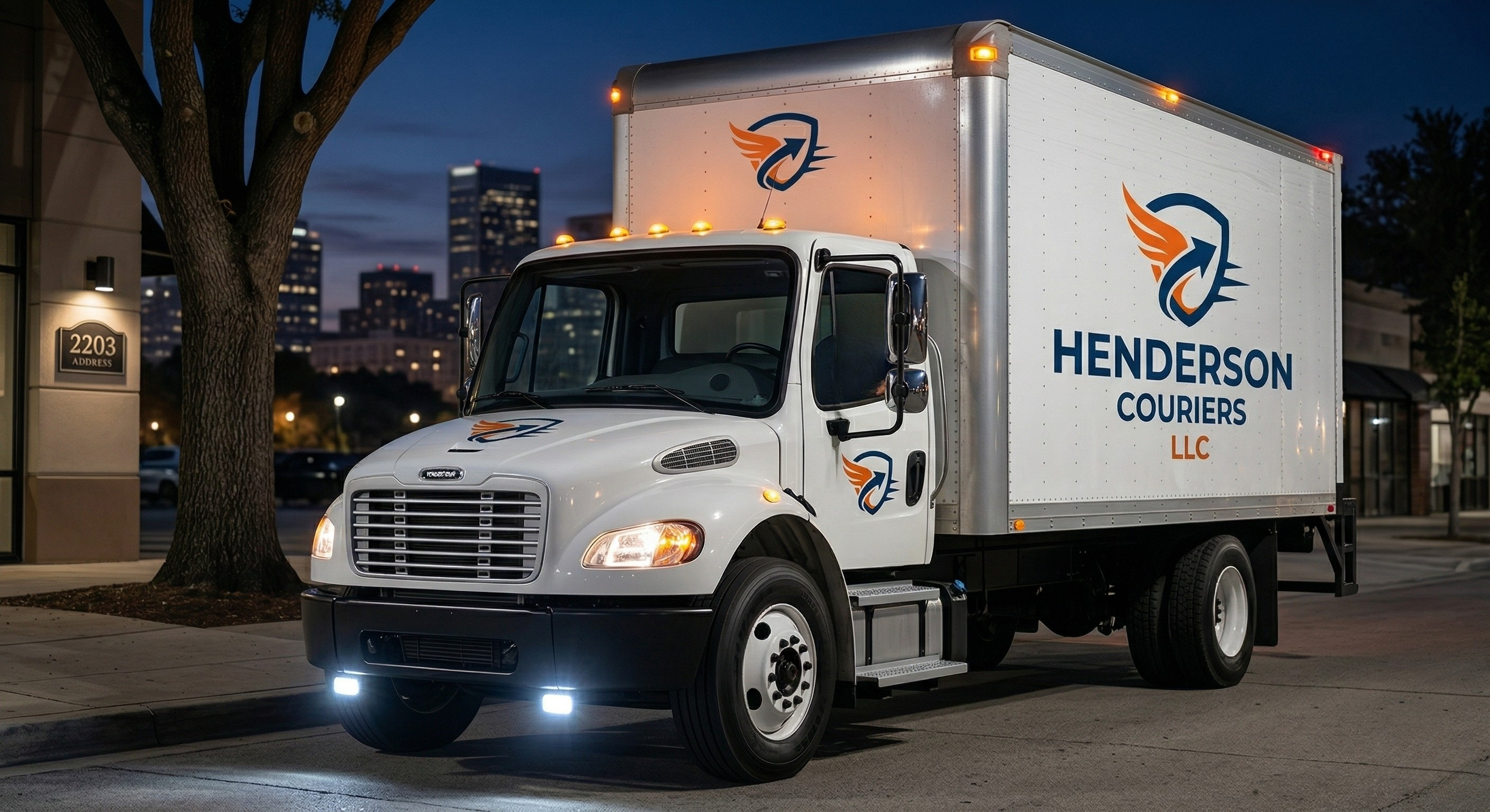 Henderson Couriers LLC delivery truck on a city street at dusk